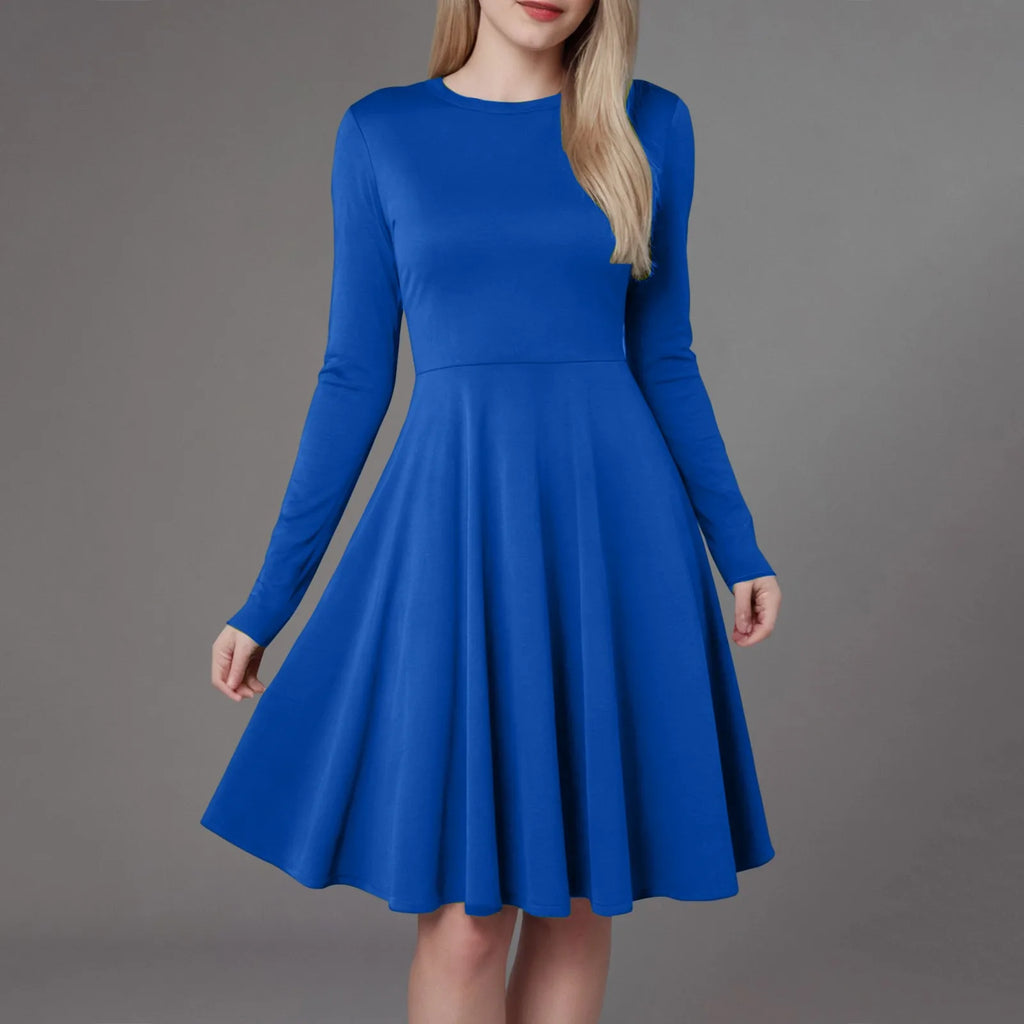 Elegant Solid Color Long-Sleeve A-Line Dress with High Waistline