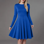 Elegant Solid Color Long-Sleeve A-Line Dress with High Waistline