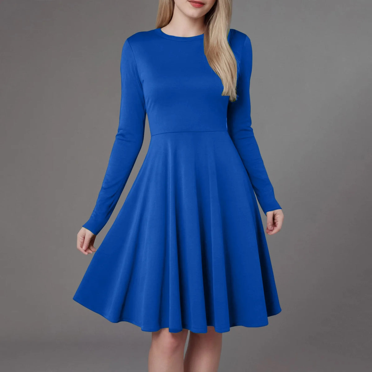 Elegant Solid Color Long-Sleeve A-Line Dress with High Waistline