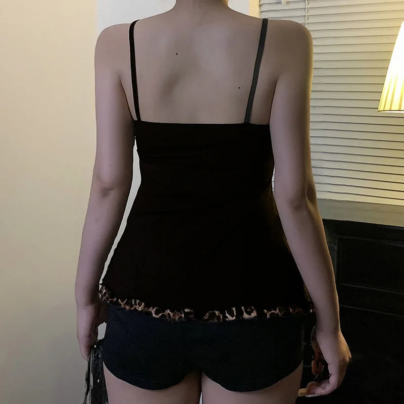 Lace-Up Patchwork Camisole Tank Top with Slim Fit Vintage Streetwear Inspired Design