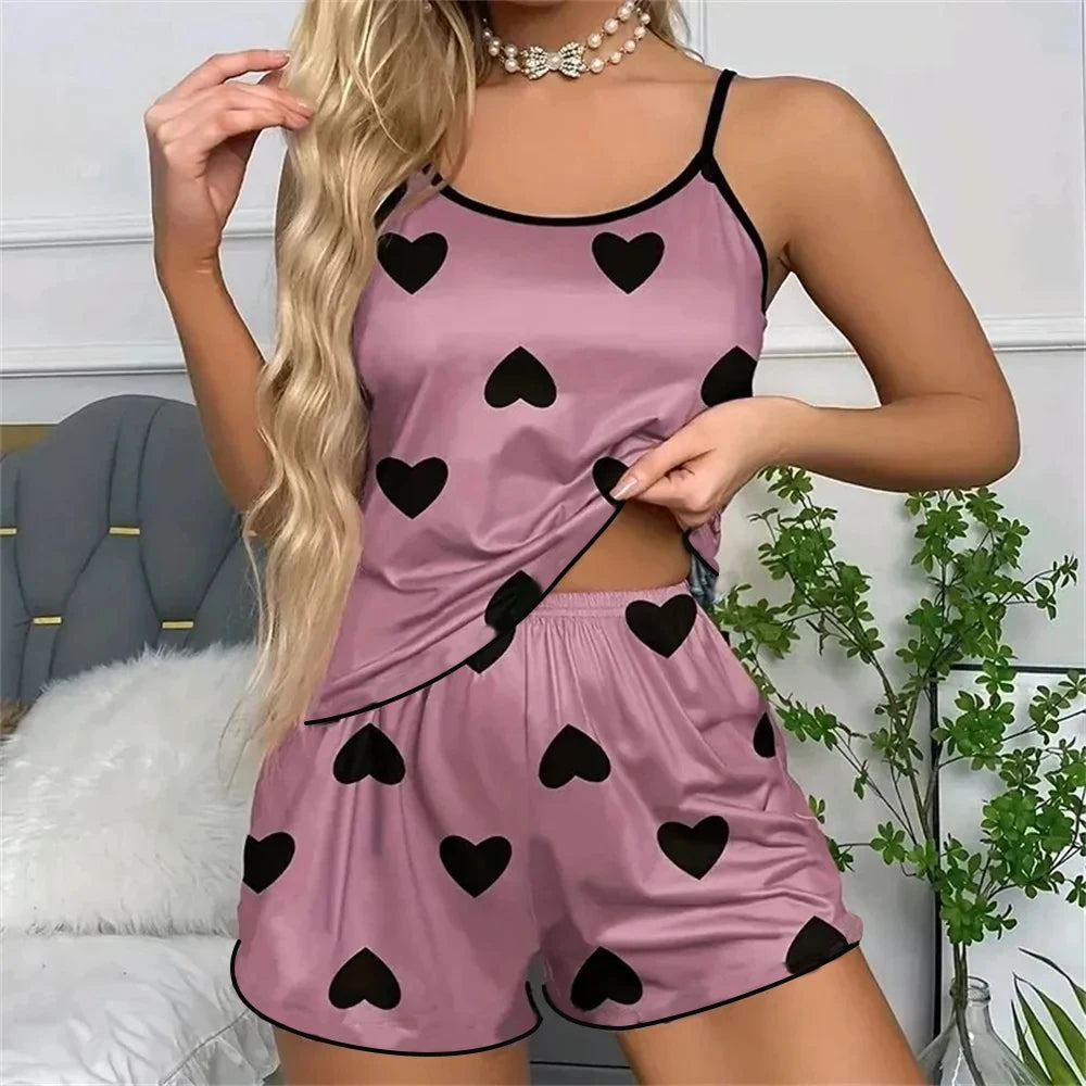 Heart Print Camisole Top and Shorts Sleepwear Co-Ord Set for Women