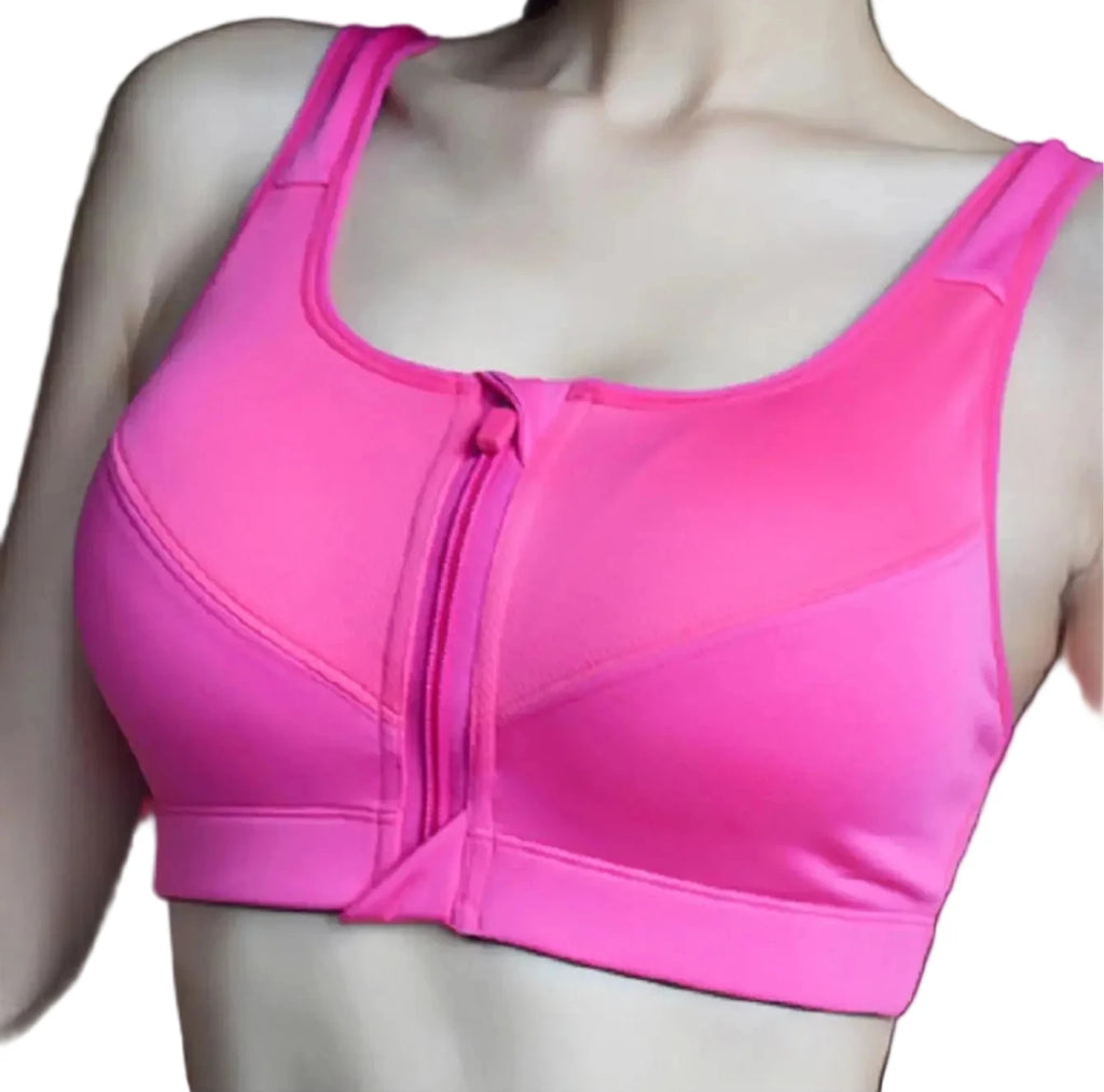 Vibrant Pink Front-Zip Athletic Sports Bra with Tonal Mesh-Look Paneling