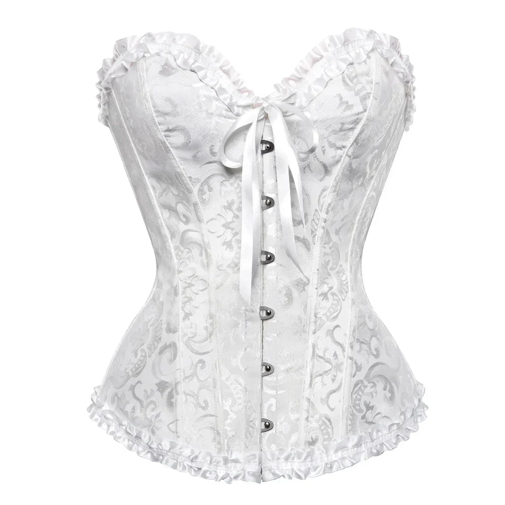 Floral Lace Overbust Corset with Structured Boning and Decorative Bow Detail