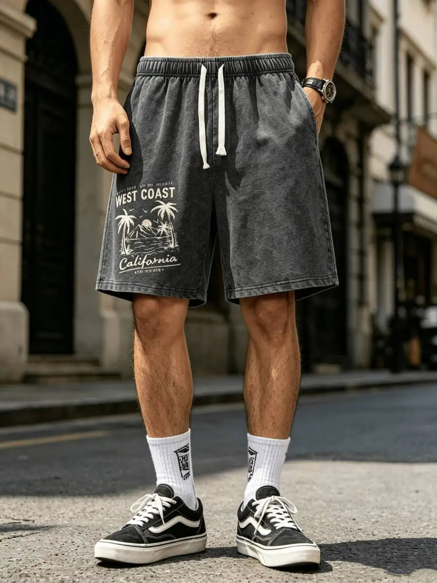 Men's Washed Cotton Shorts with Graphic Artwork and Relaxed Drawstring Everyday Casual Fit