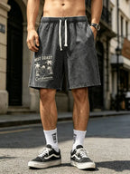 Men's Washed Cotton Shorts with Graphic Artwork and Relaxed Drawstring Everyday Casual Fit