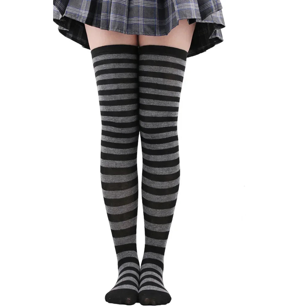 Striped Thigh High Socks with Stretch Knit Construction for Casual Y2K Streetwear Fashion