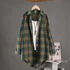 Vintage-Inspired Forest Green Plaid Mid-Length Outerwear Shirt with Rolled Sleeves