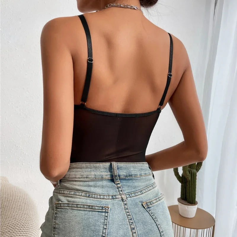Corset Inspired Mesh Panel Bodysuit with Adjustable Straps Alternative Fashion
