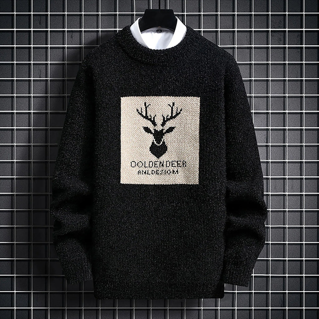 Men's Relaxed Fit Graphic Patch Crew Neck Knit Pullover Streetwear Sweater