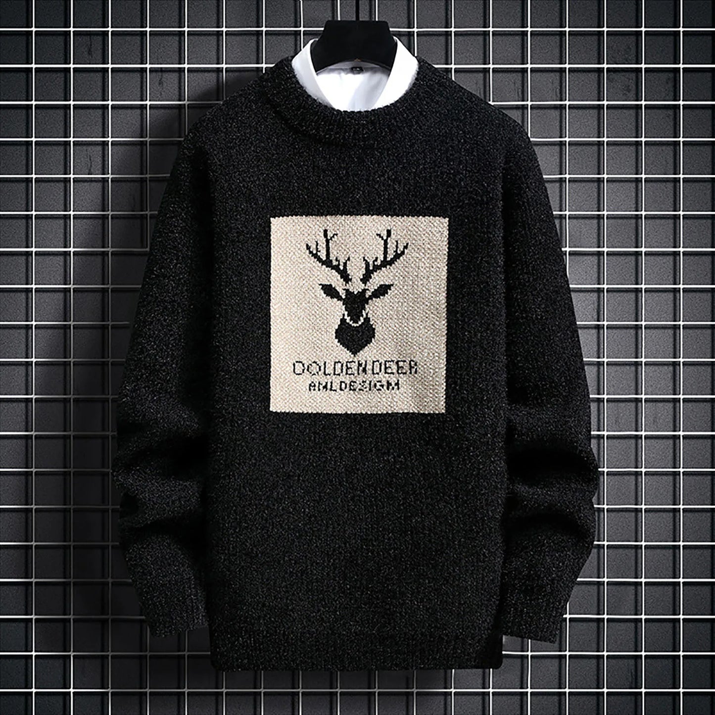 Men's Relaxed Fit Graphic Patch Crew Neck Knit Pullover Streetwear Sweater