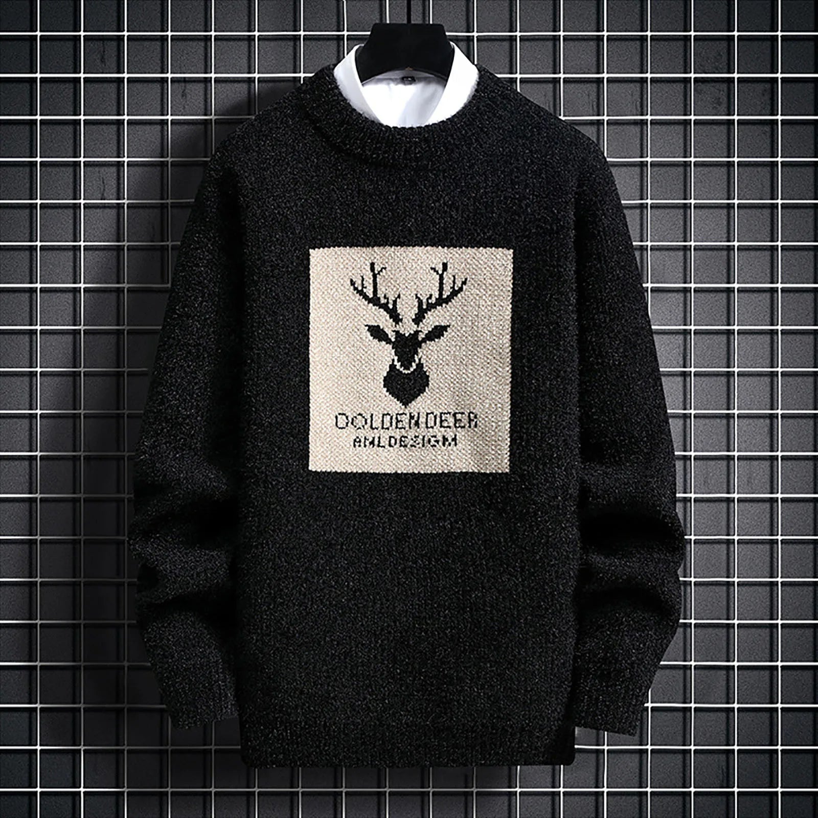 Men's Relaxed Fit Graphic Patch Crew Neck Knit Pullover Streetwear Sweater