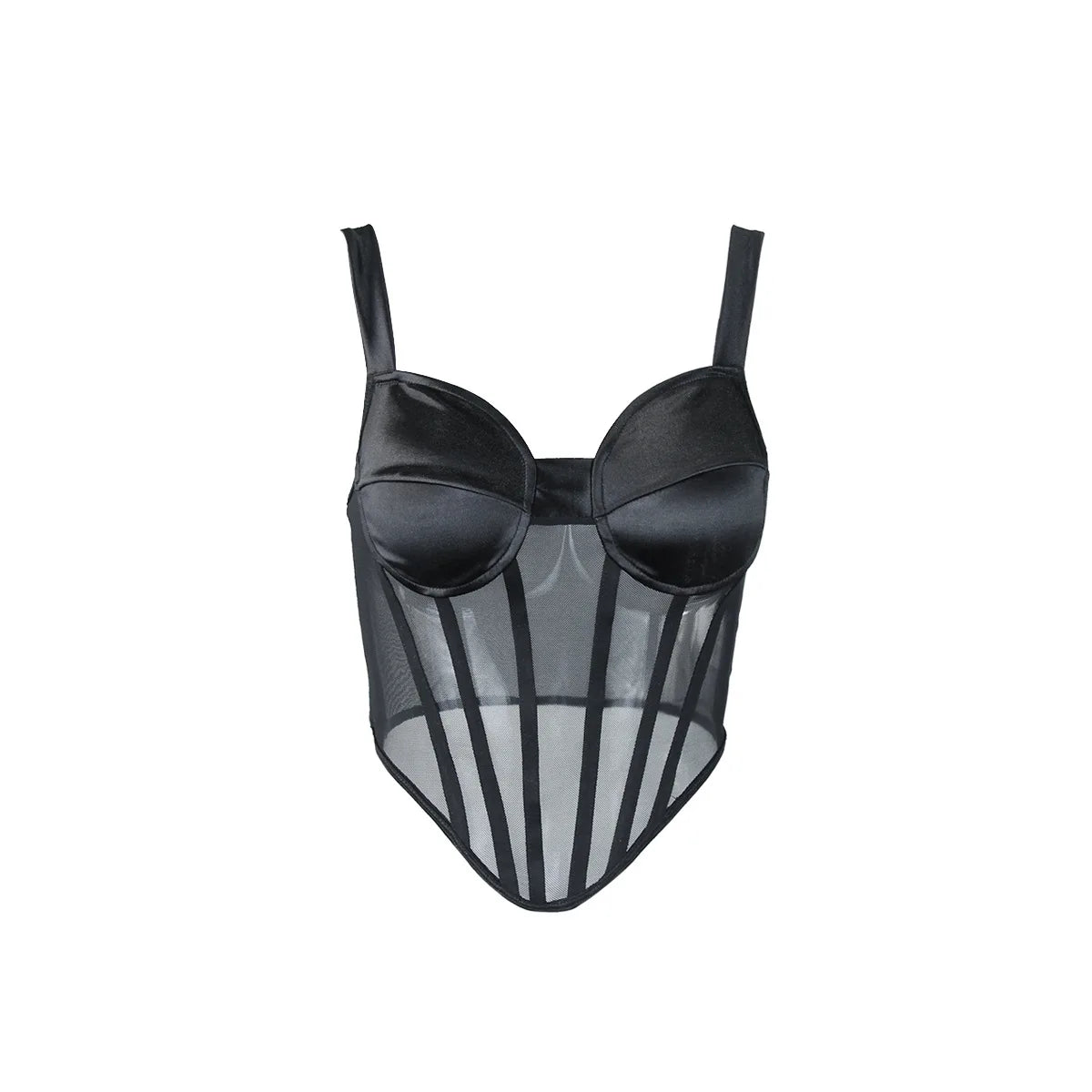 Sheer Mesh Bustier Corset Top with Structured Cups and Satin-Inspired Panels