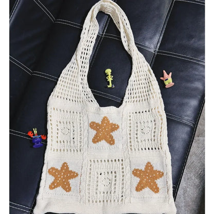 Open Knit Tote Shoulder Bag with Large Capacity Casual Design