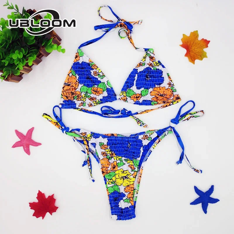 Vibrant Green Floral Underwire Bikini with Ruched Texture