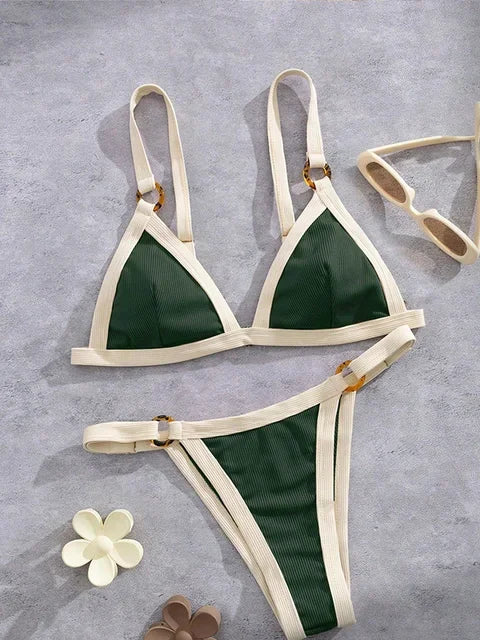 Textured Taupe Bikini with Contrast White Piping and Hardware Accents