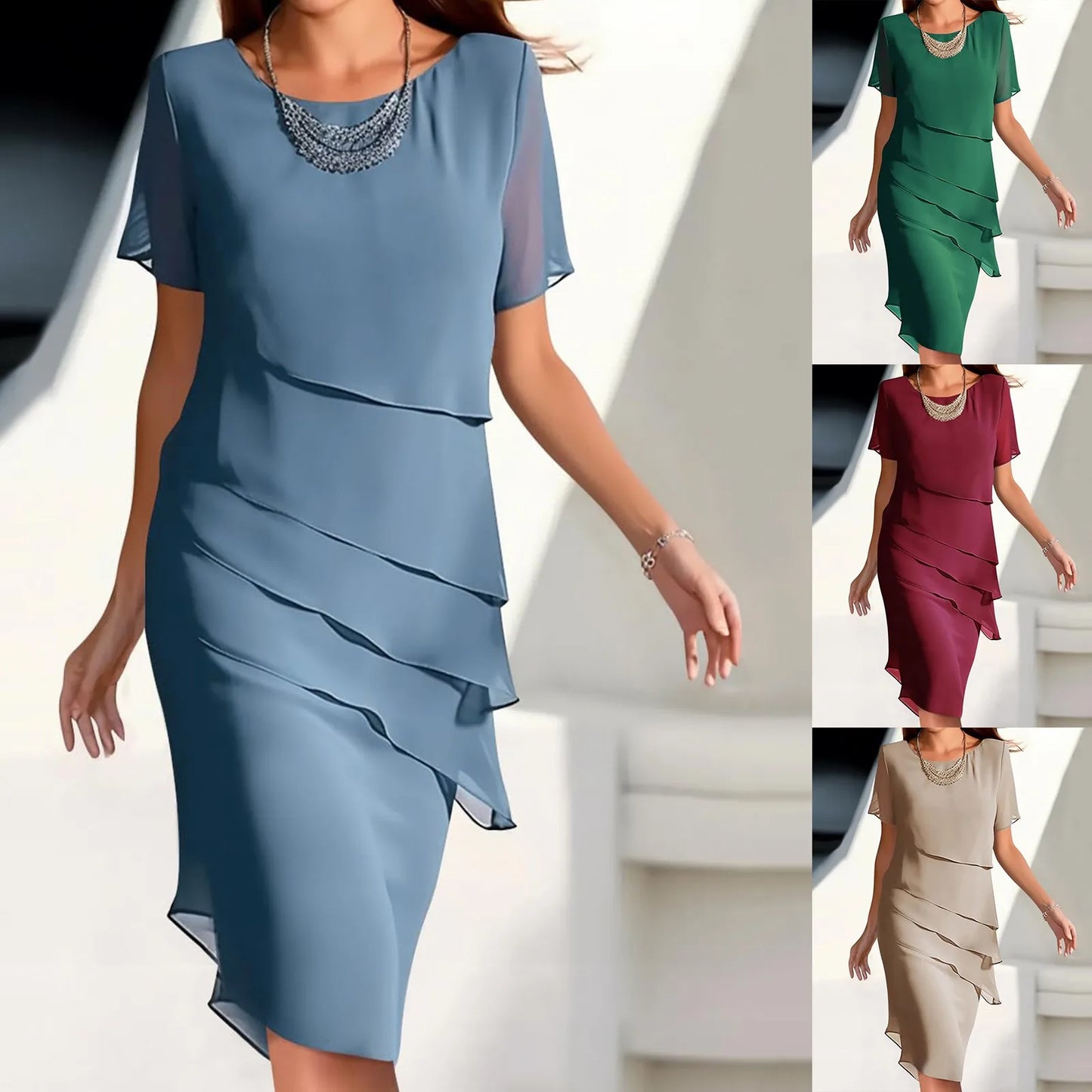 Layered Asymmetrical Ruffle Detail Feminine Alternative Midi Dress