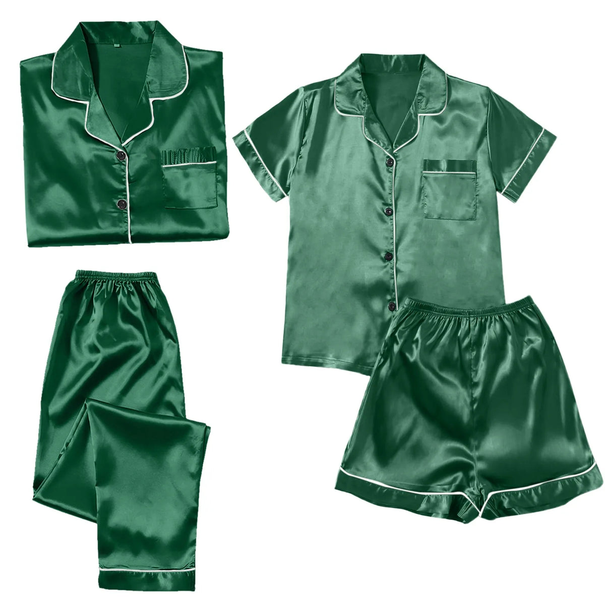 Women's 4-Piece Satin-Look Pajama Set, Soft Coordinated Sleepwear Collection with Matching Tops and Full-Length Pants, Plus-Size Loungewear