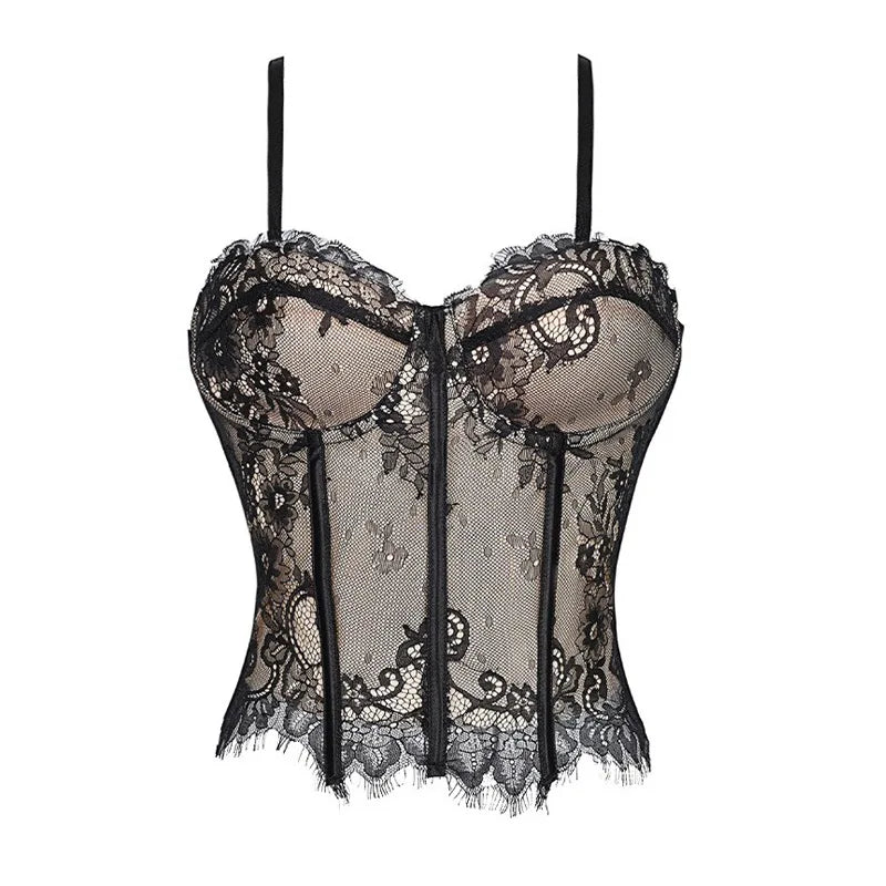 Lace Corset-Inspired Cami Top with Sheer Paneling and Adjustable Straps