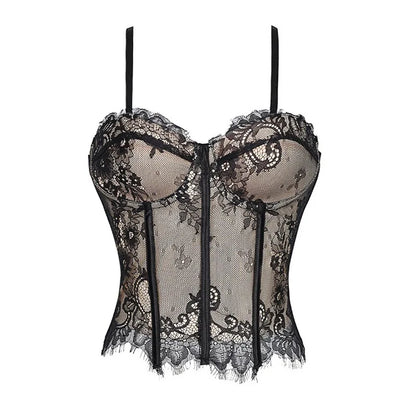 Lace Corset-Inspired Cami Top with Sheer Paneling and Adjustable Straps