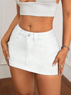 Washed Denim Bodycon Mini Skirt with Front Pockets and Slim Fit