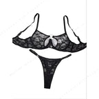 Sheer Black Floral Lace Front-Closure Bra and Thong Set