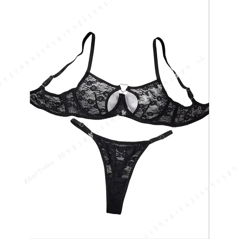 Sheer Black Floral Lace Front-Closure Bra and Thong Set
