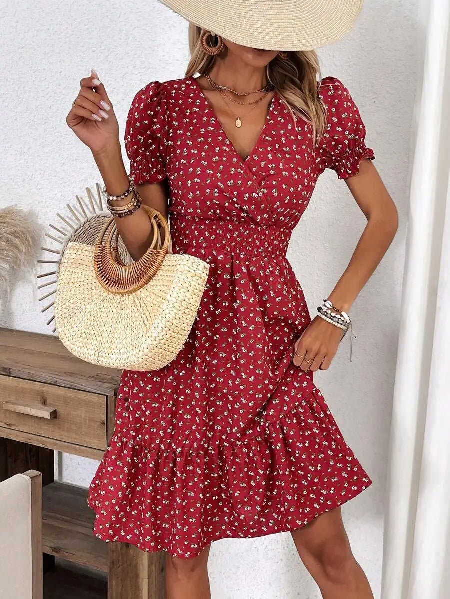 Breezy Blue Ditsy Floral V-Neck Mini Dress with Puff Sleeves