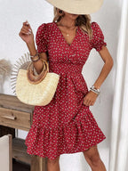 Breezy Blue Ditsy Floral V-Neck Mini Dress with Puff Sleeves