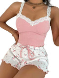 Floral Lace-Trim Camisole and Shorts Pajama Set with V-Neckline, Delicate Straps and Feminine Summer Sleepwear Design
