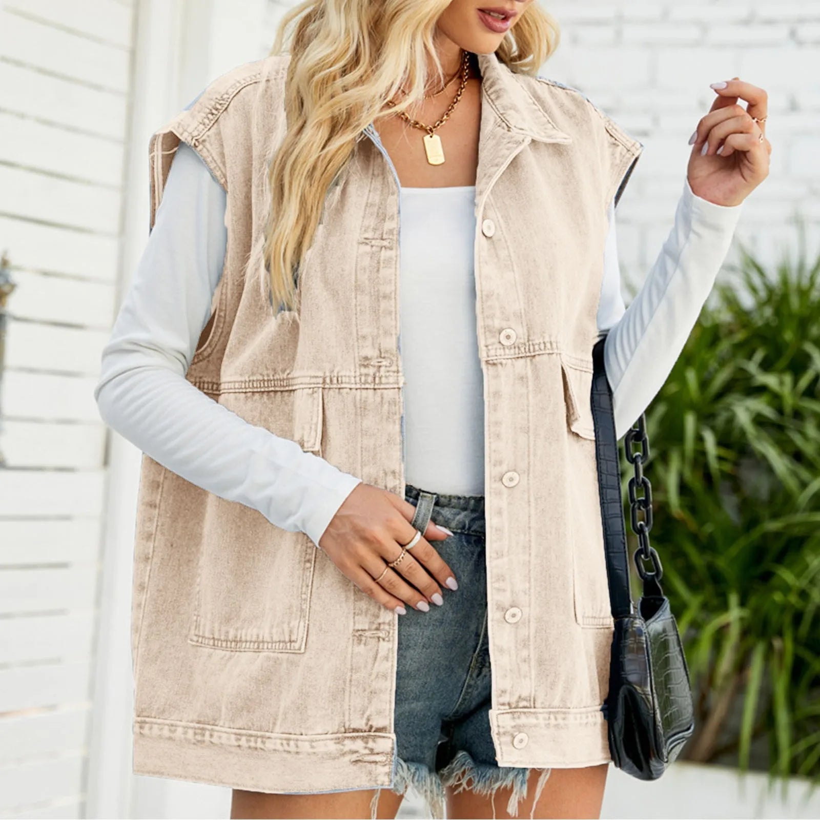Women's Oversized Sleeveless Utility Vest with Button Front Layered Design