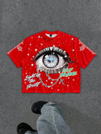 Graphic Eye Crop Tee with Cosmic Artwork and Boxy Streetwear Silhouette