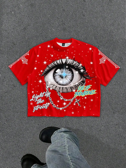 Graphic Eye Crop Tee with Cosmic Artwork and Boxy Streetwear Silhouette
