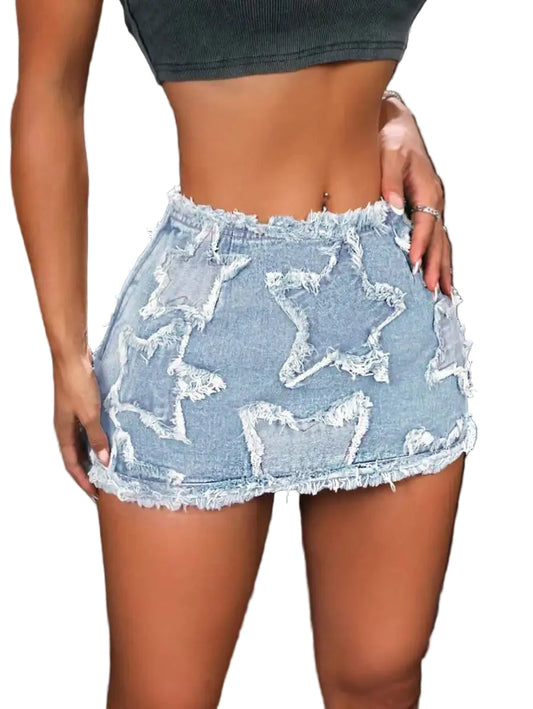 Distressed Denim Mini Skirt with Raw Hem and Cutout Detail