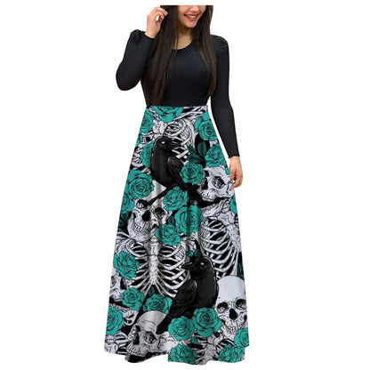 Dark Romantic Skull and Floral Gothic Maxi Dress with Elegant Fit