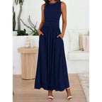 Sleeveless High Waist Maxi Dress with Ruched Panels and Functional Pockets