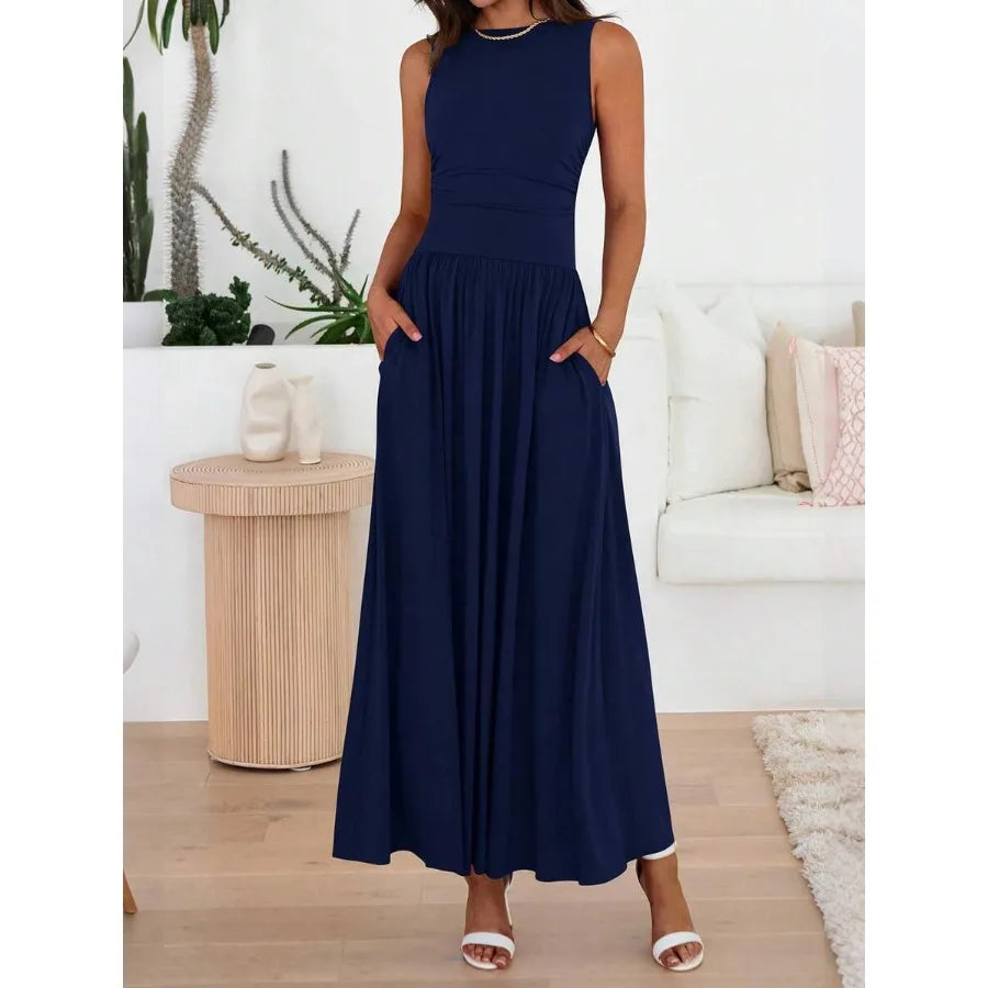 Sleeveless High Waist Maxi Dress with Ruched Panels and Functional Pockets