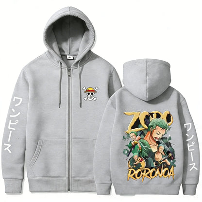 Swordsman Streetwear Zip Hoodie with Manga Graphic Back Design