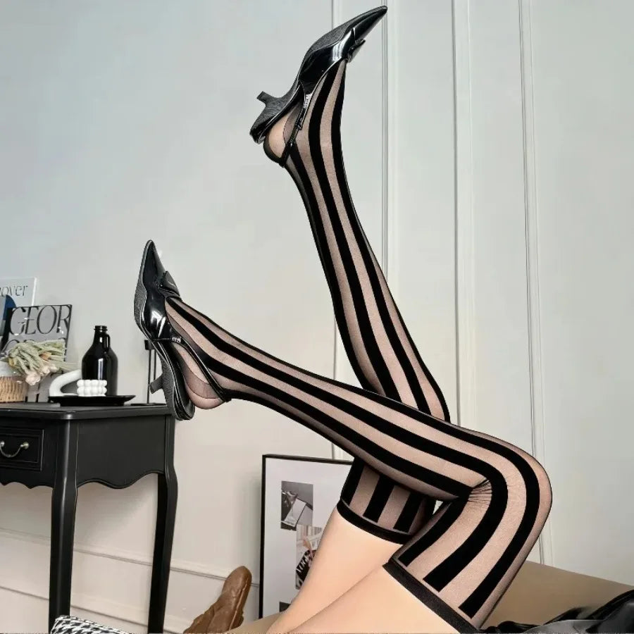 Vertical Stripe Sheer Thigh High Stockings with Stretch Knit Over-the-Knee Fashion Design