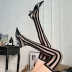 Vertical Stripe Sheer Thigh High Stockings with Stretch Knit Over-the-Knee Fashion Design