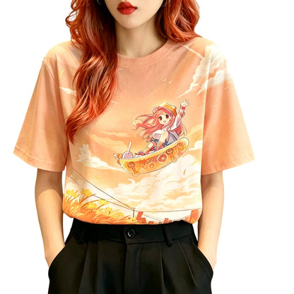 Sunset Adventure Anime Graphic Soft Cotton Kawaii Casual T-Shirt