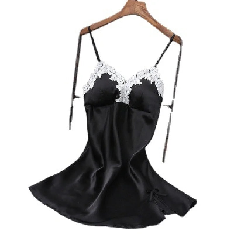 Elegant White Satin-Finish Slip Dress with Lace Appliqué and Removable Pads