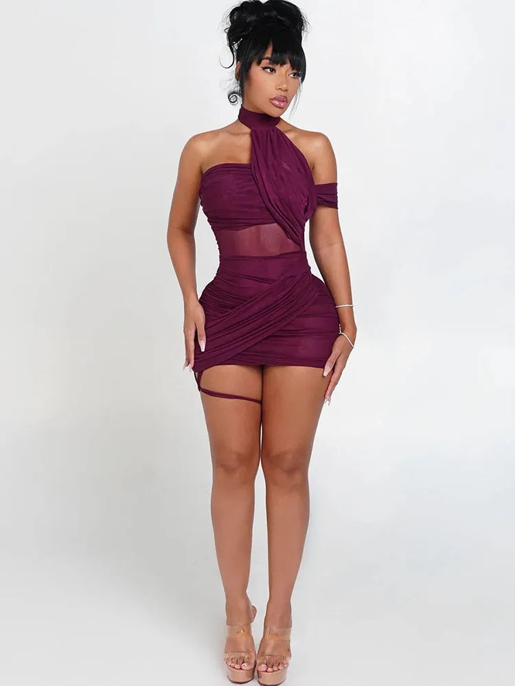 Asymmetrical Cutout Bodycon Mini Dress with Halter Strap Y2K Clubwear Style