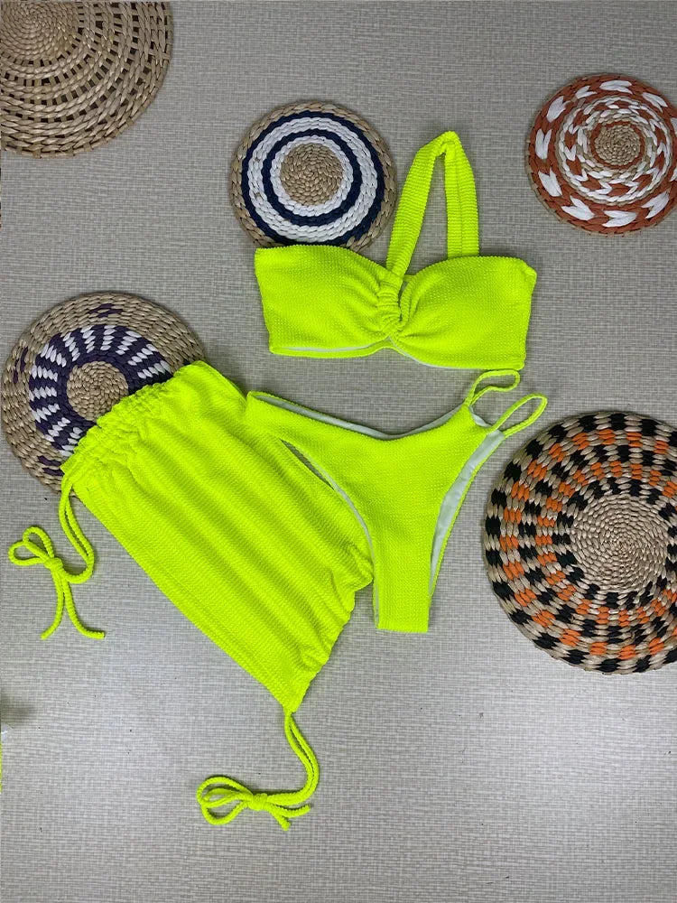 Vibrant Orange Three-Piece Swimwear Set with Ruched Bralette and Cover-Up Skirt
