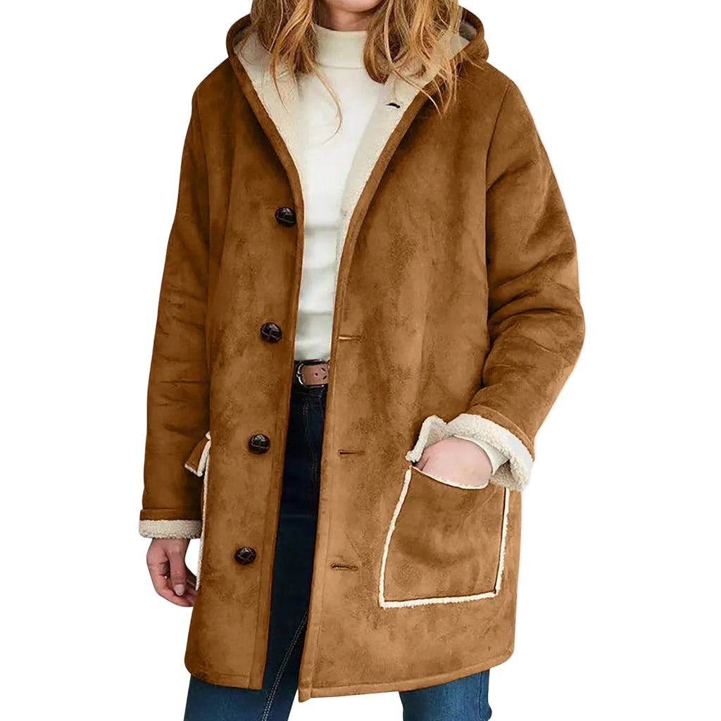 Women's Faux Suede Sherpa Lined Hooded Jacket Casual Winter Button Front Outerwear