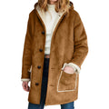 Women's Faux Suede Sherpa Lined Hooded Jacket Casual Winter Button Front Outerwear