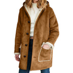 Women's Faux Suede Sherpa Lined Hooded Jacket Casual Winter Button Front Outerwear