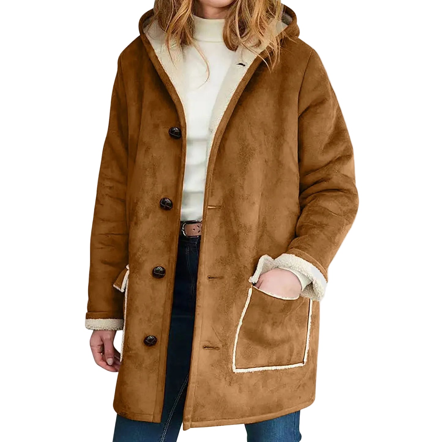 Women's Faux Suede Sherpa Lined Hooded Jacket Casual Winter Button Front Outerwear