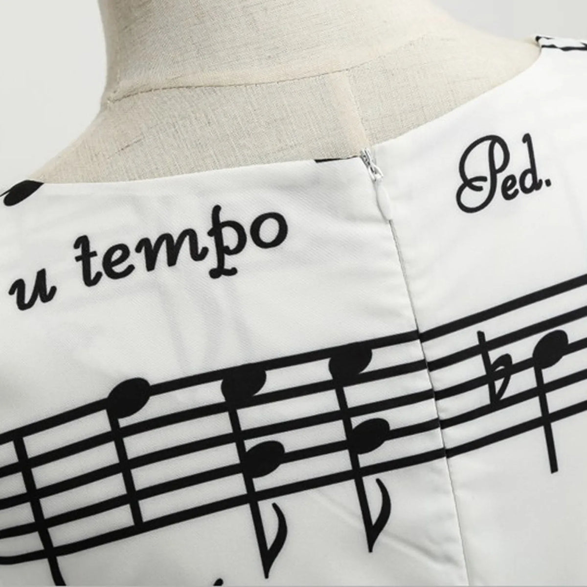 Retro White Swing Dress with Black Musical Note Print and Waist Belt