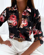 Vibrant Abstract Print Button-Down Blouse with Roll-Tab Sleeves