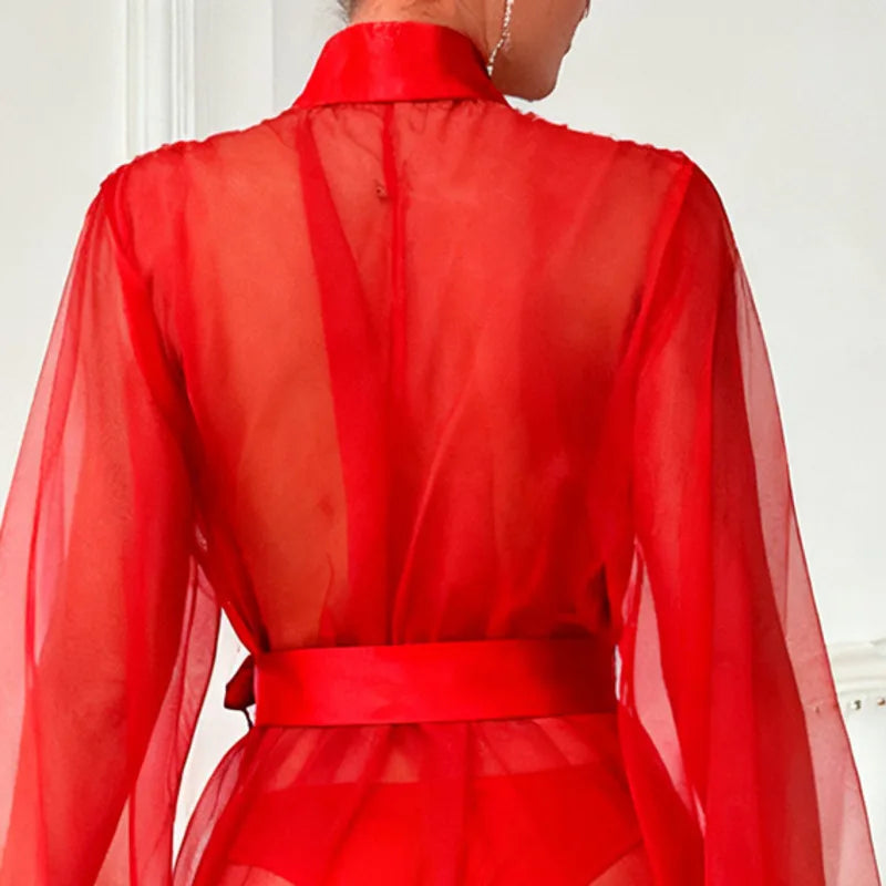 Sheer Black Mesh Long Robe with Wide Flared Sleeves and Ruffled Trim